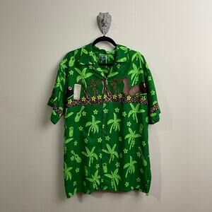 Vintage On Shore XL Hawaiian button down t-shirt AOP green ukalali floral white